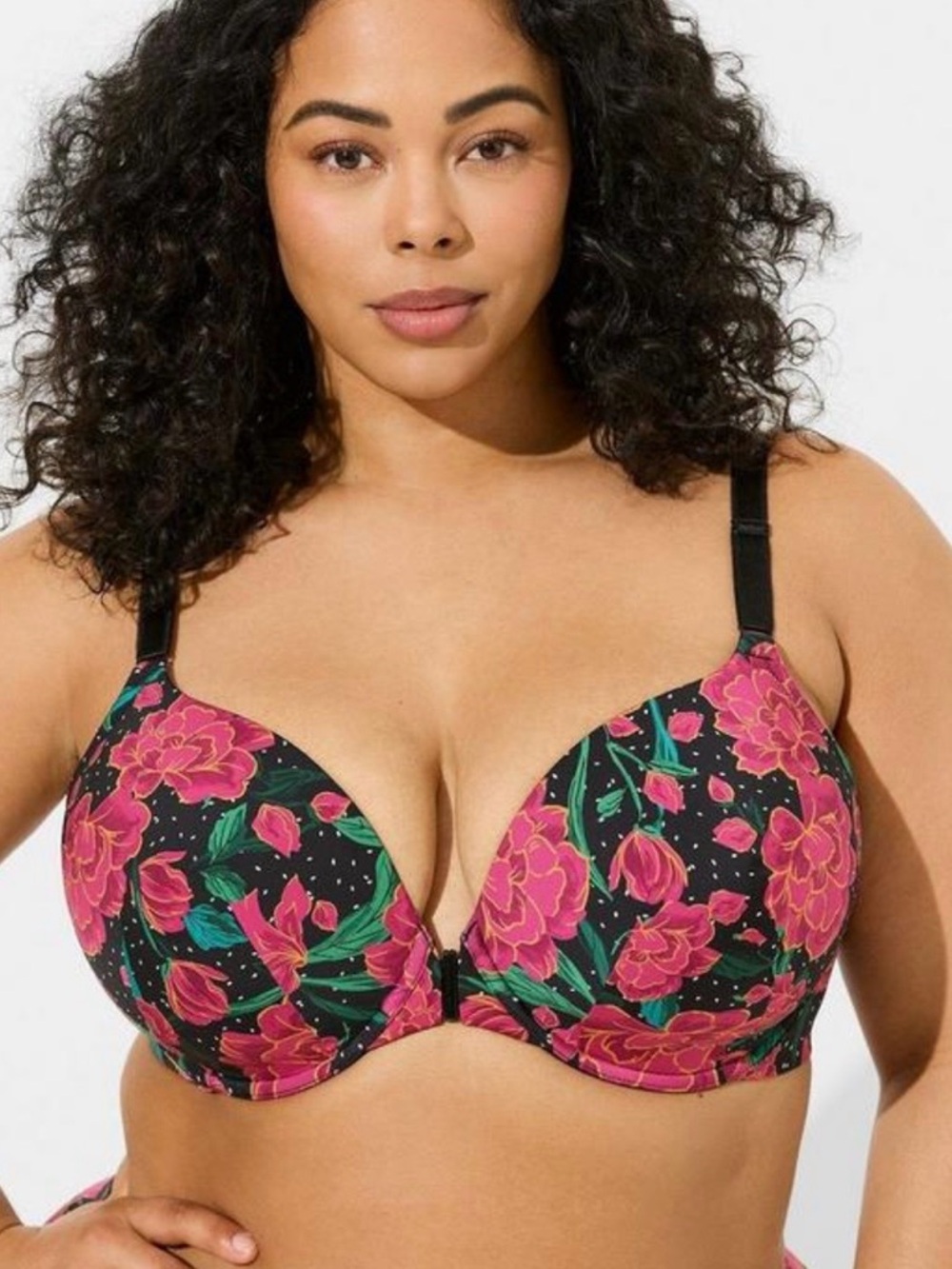 torrid Black Floral Plunge Bra with Pink Flowers